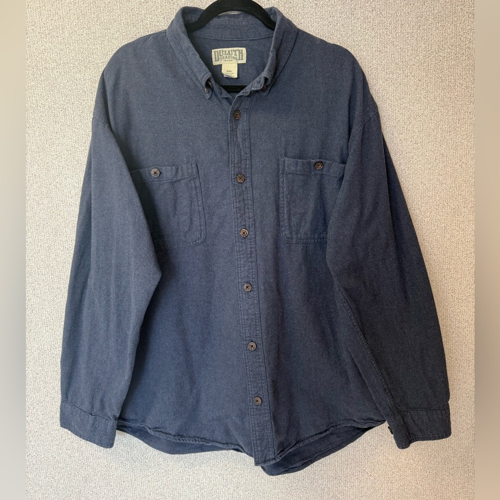 Duluth Trading Co Men Sz Shirt 2XL Blue Long Sleeve Shacket Cotton Button Pocket